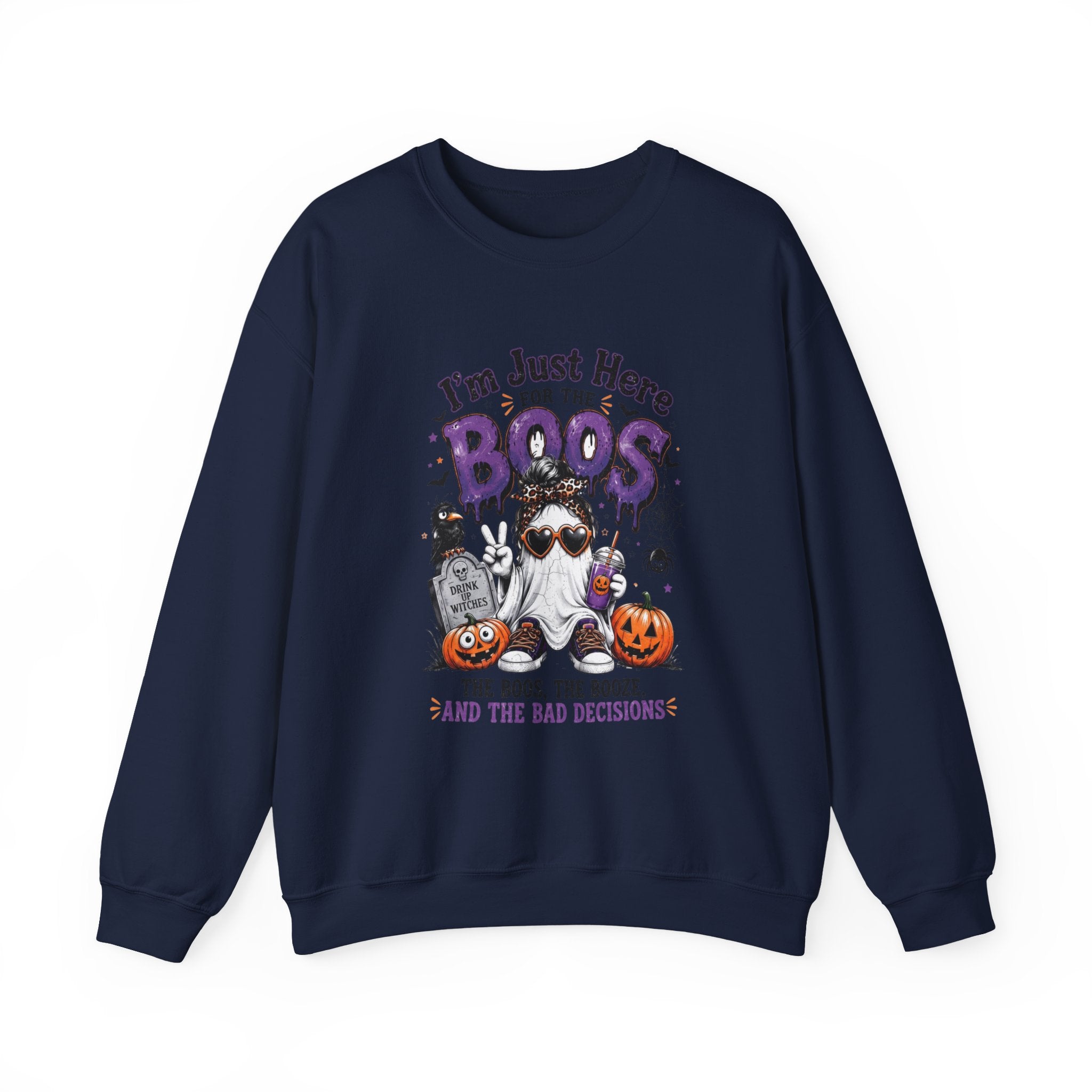 Navy crewneck sweatshirt laid flat, printed with a three cartoon ghosts in sunglasses