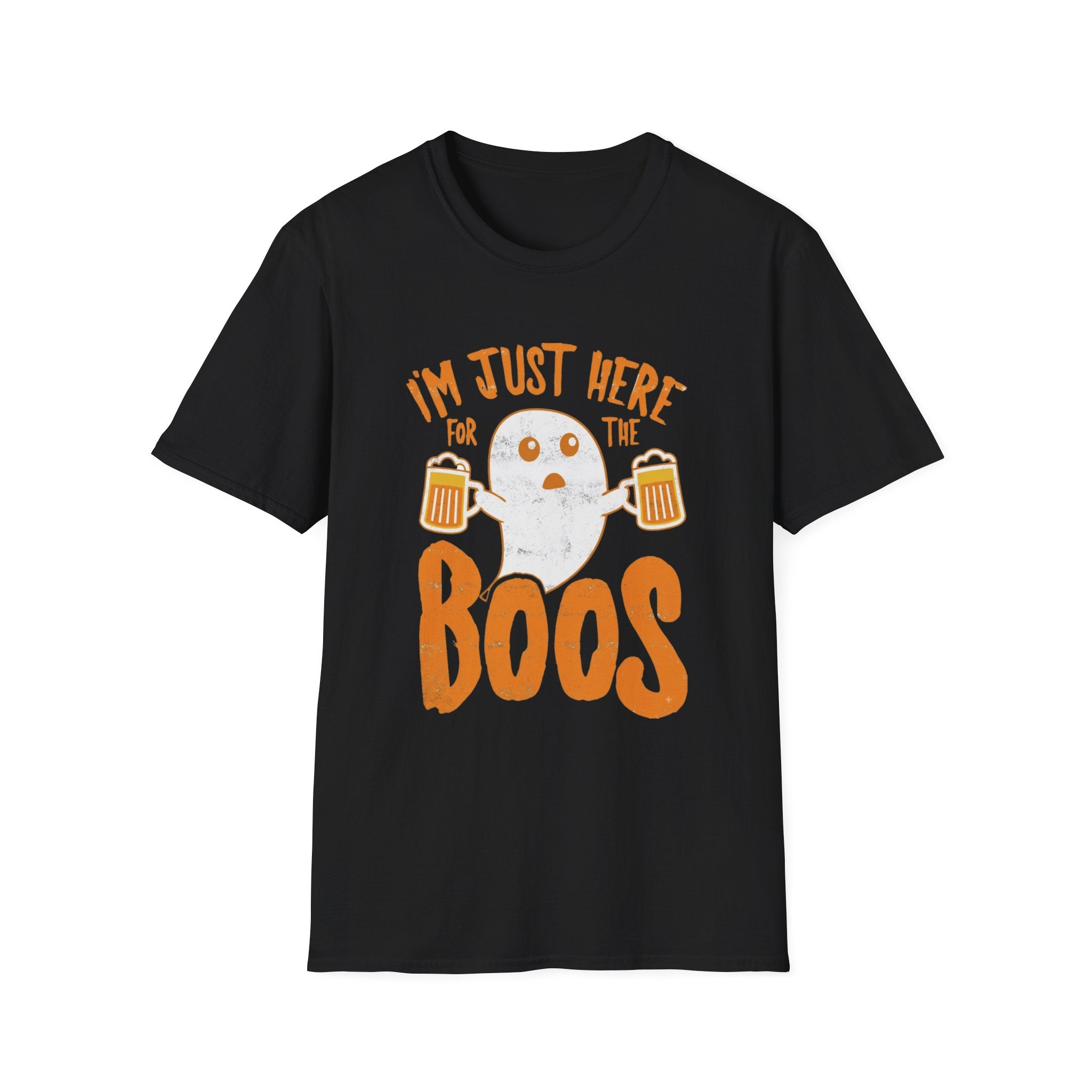 Black t-shirt laid flat, printed with a single wide-eyed ghost raising a frothy pint under chunky
