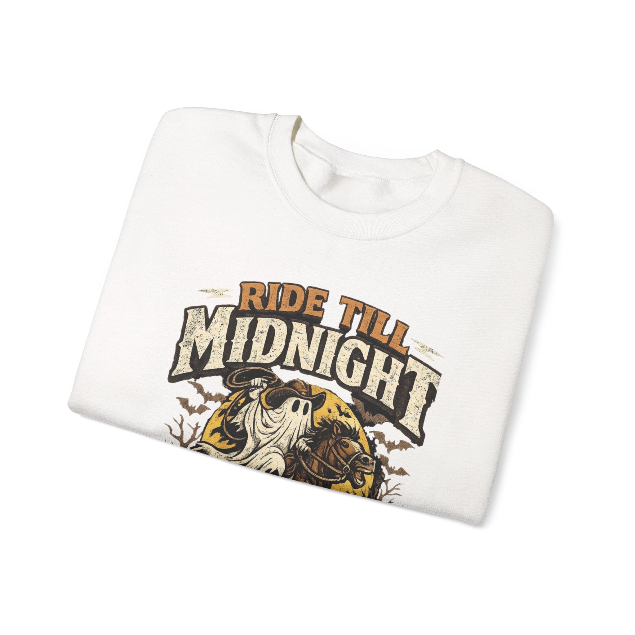 White crewneck sweatshirt folded to show the vintage style skeleton on a motorcycle under a banner print
