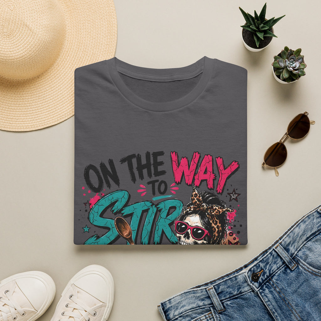 Charcoal t-shirt styled flat with a candle — skeleton with teal and pink lettering