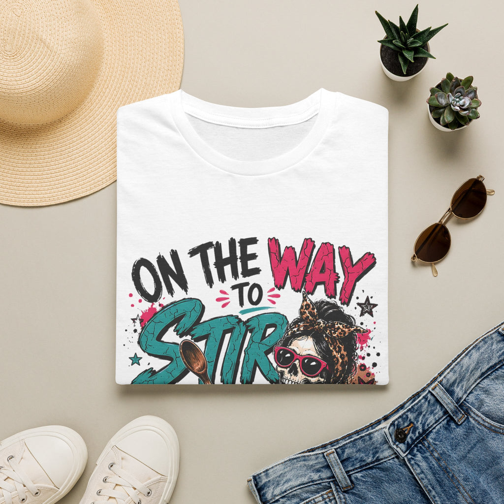 White t-shirt styled flat with a candle — skeleton with teal and pink lettering