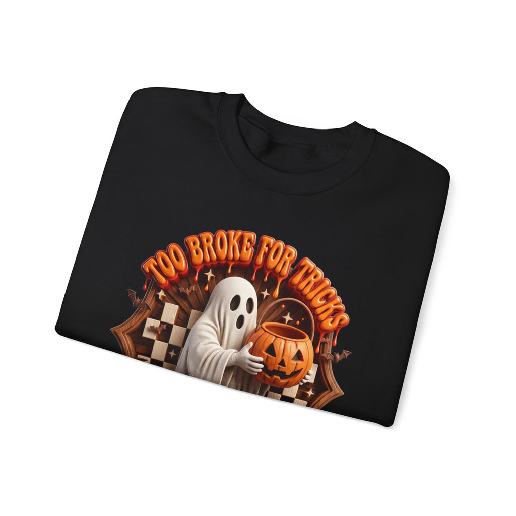 Black crewneck sweatshirt folded to show the sheet ghost hugs a jack-o-lantern candy pail print