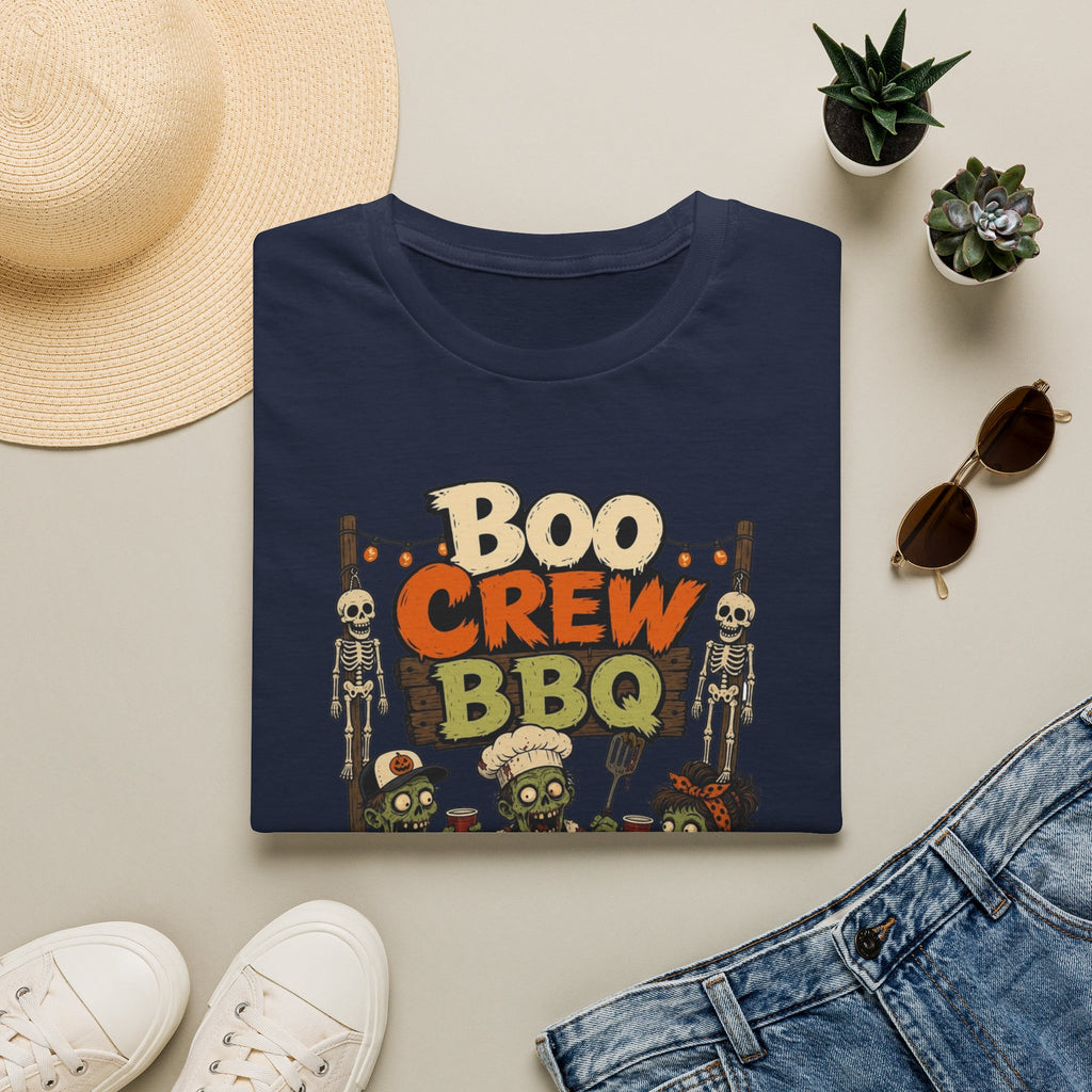 Navy t-shirt styled flat with a candle — skeletons and zombies around a grill