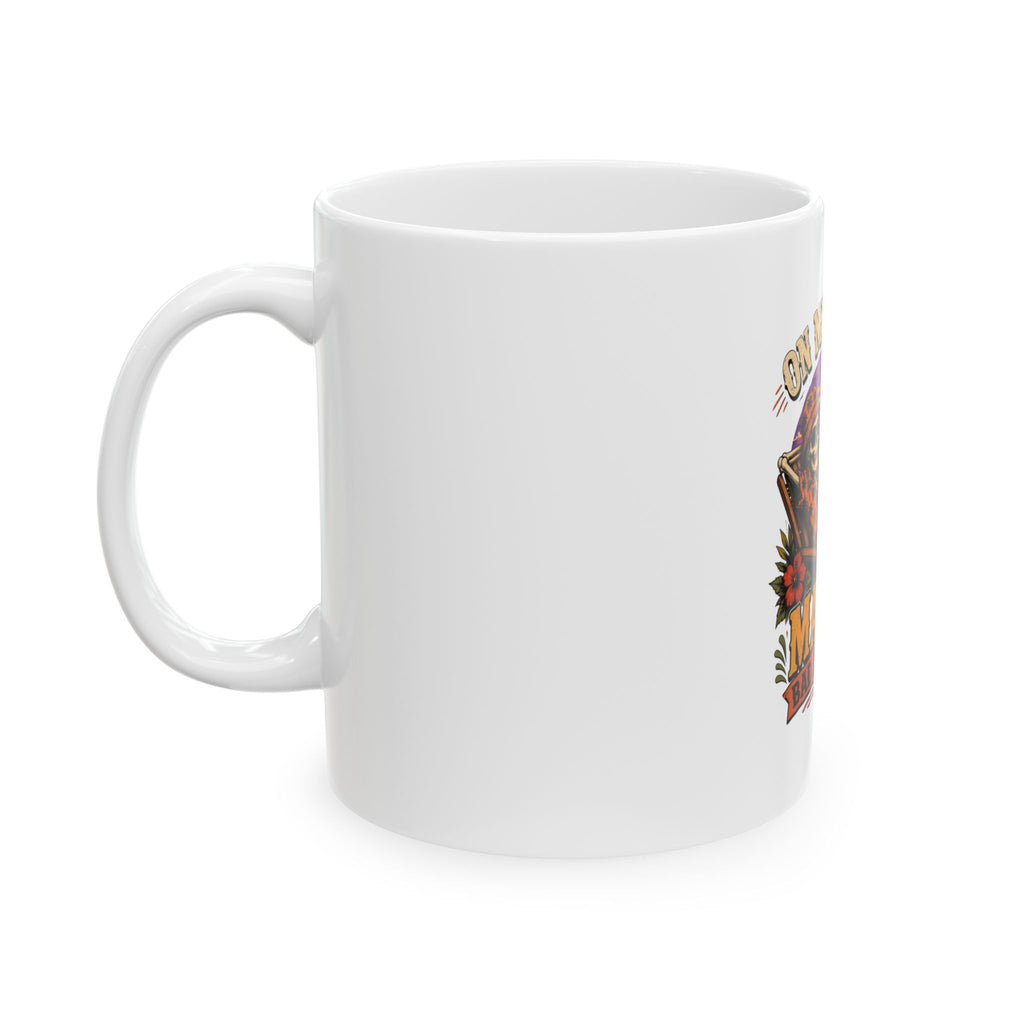 Ceramic mug showing a wraparound tropical sunset scene of a skeleton, view 3