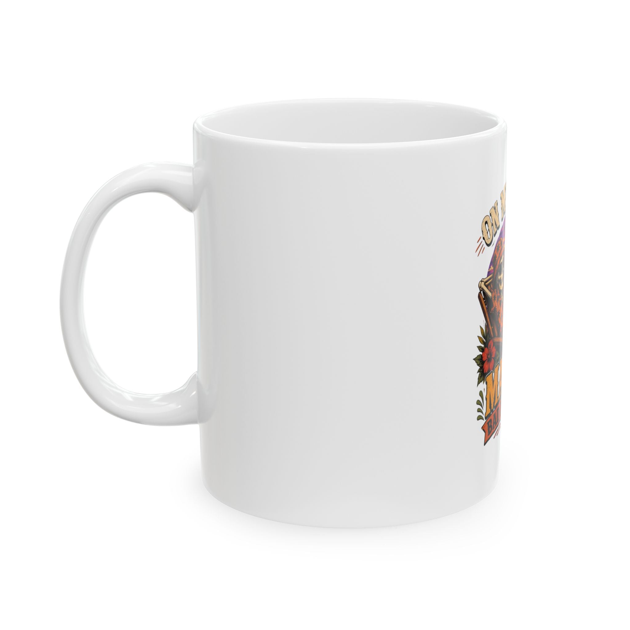 Ceramic mug showing a wraparound tropical sunset scene of a skeleton, view 3