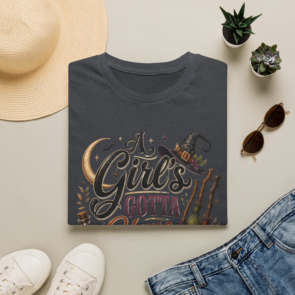 Dark Heather Grey t-shirt printed with a hand-lettered script reading a girl's gotta have options, view 17