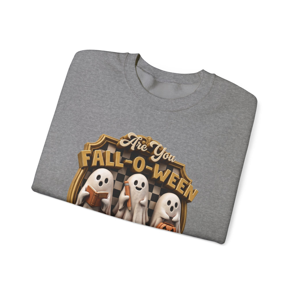 Graphite Heather crewneck sweatshirt folded to show the three little sheet ghosts read a book and carry print