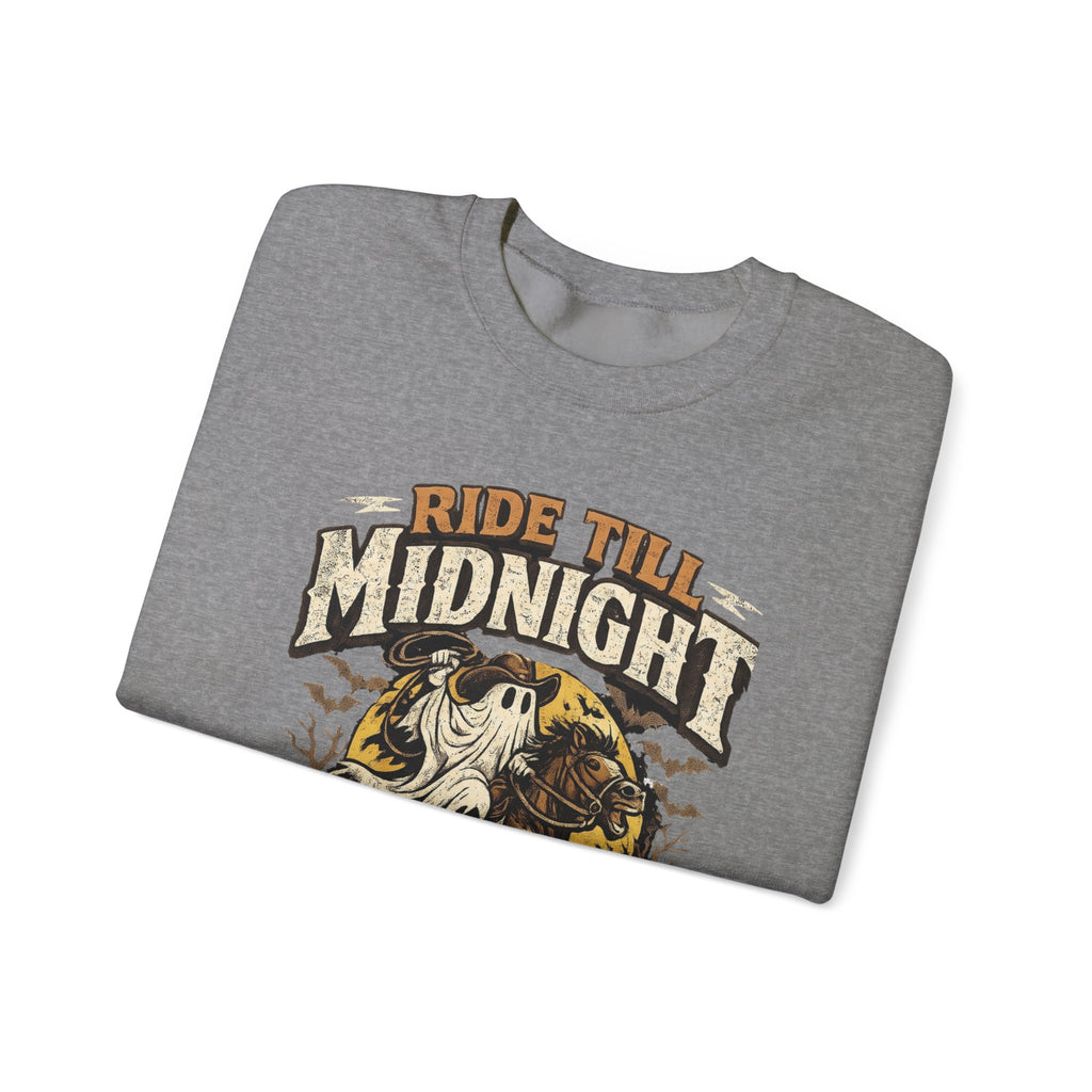 Graphite Heather crewneck sweatshirt folded to show the vintage style skeleton on a motorcycle under a banner print