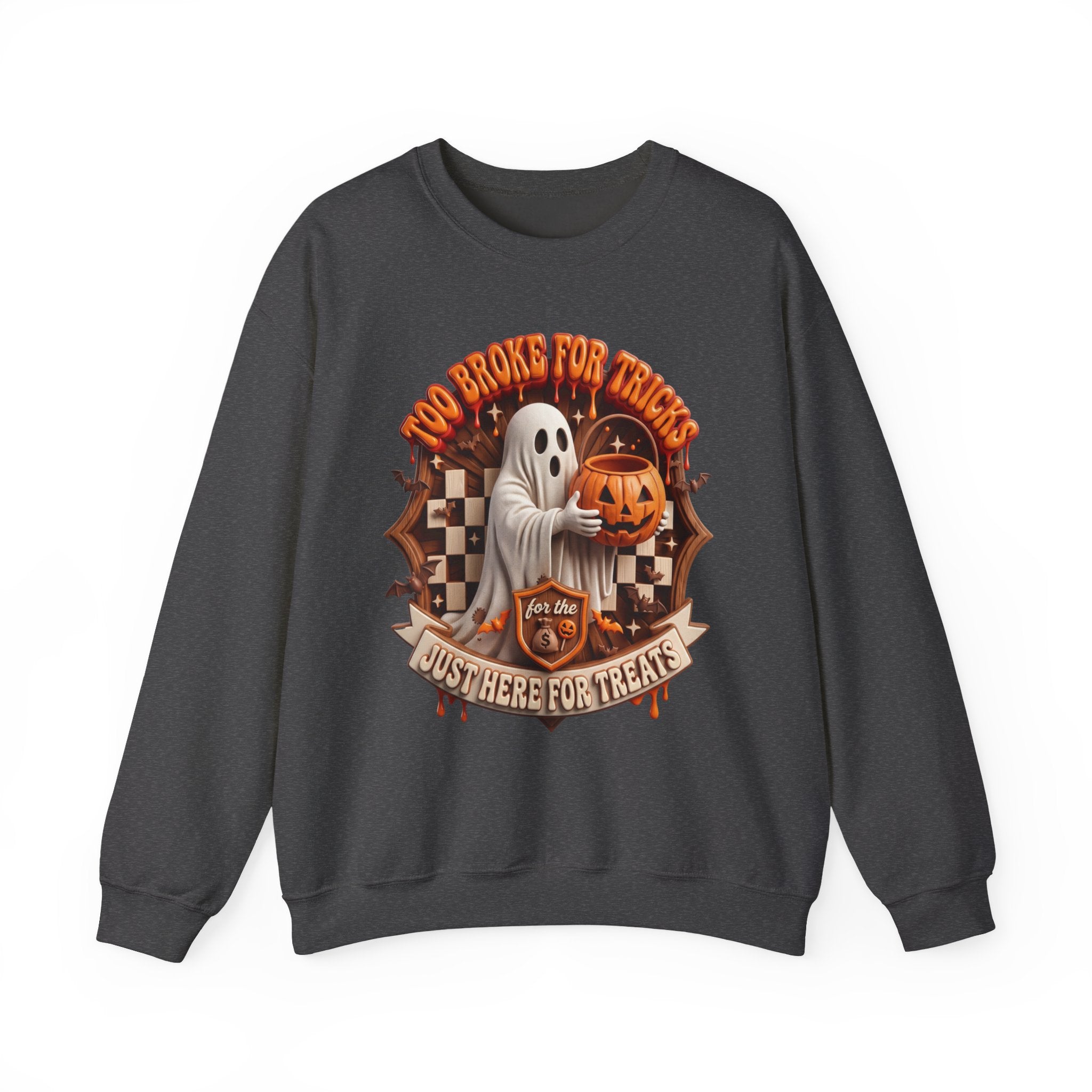 Dark Heather crewneck sweatshirt laid flat, printed with a sheet ghost hugs a jack-o-lantern candy pail