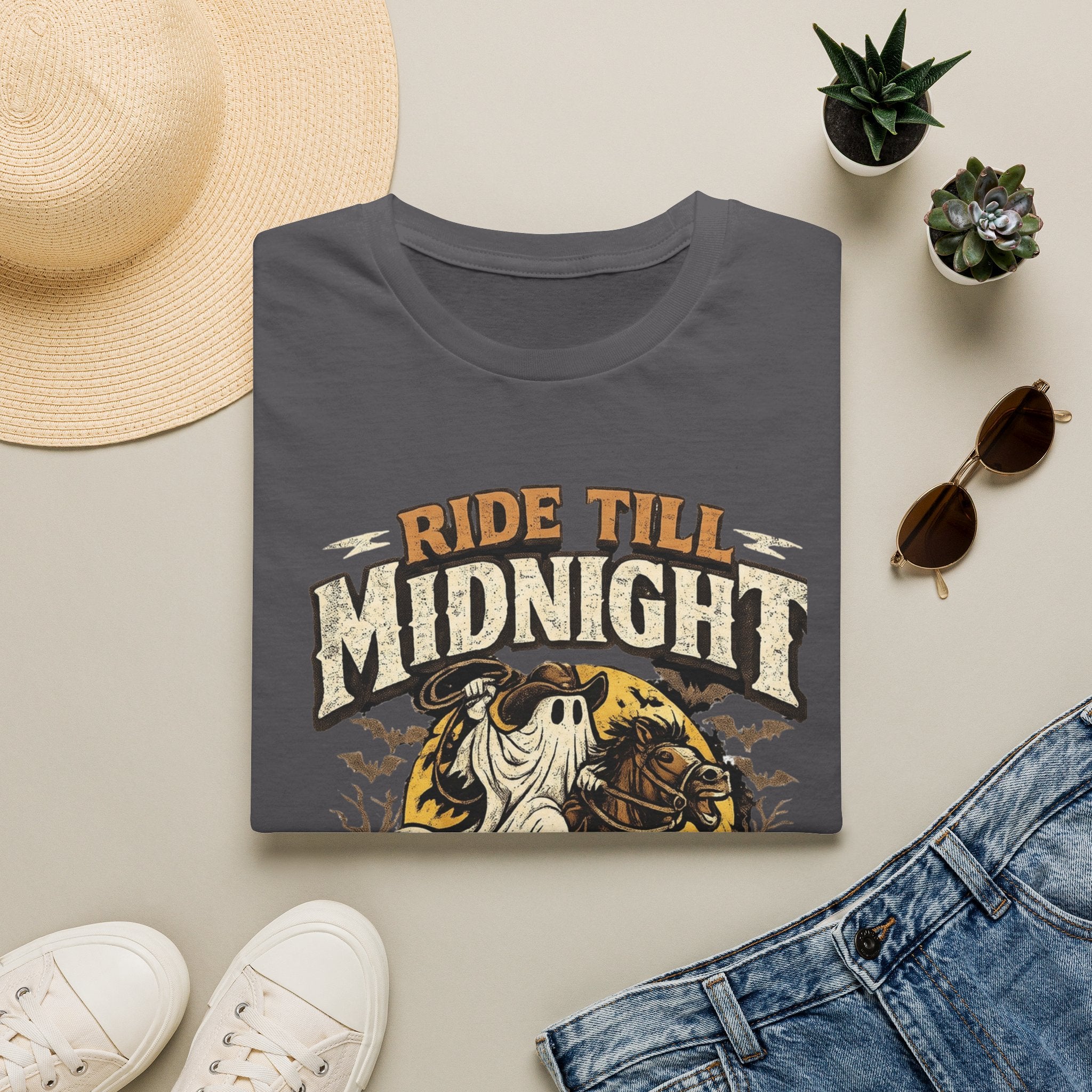 Charcoal t-shirt styled flat with a candle — sheet ghost on a rearing horse