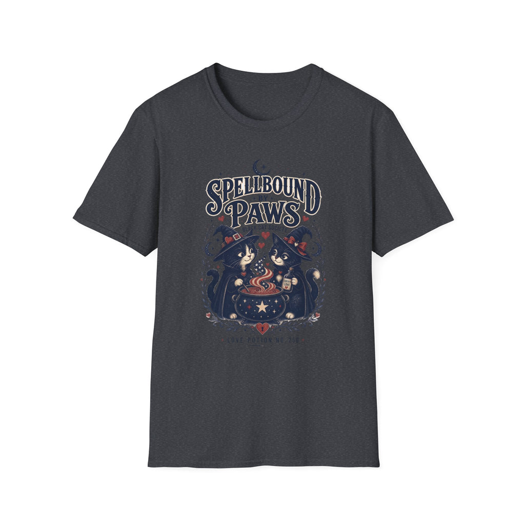 Dark Heather Grey t-shirt, plain back — two black cats in witch hats on the front