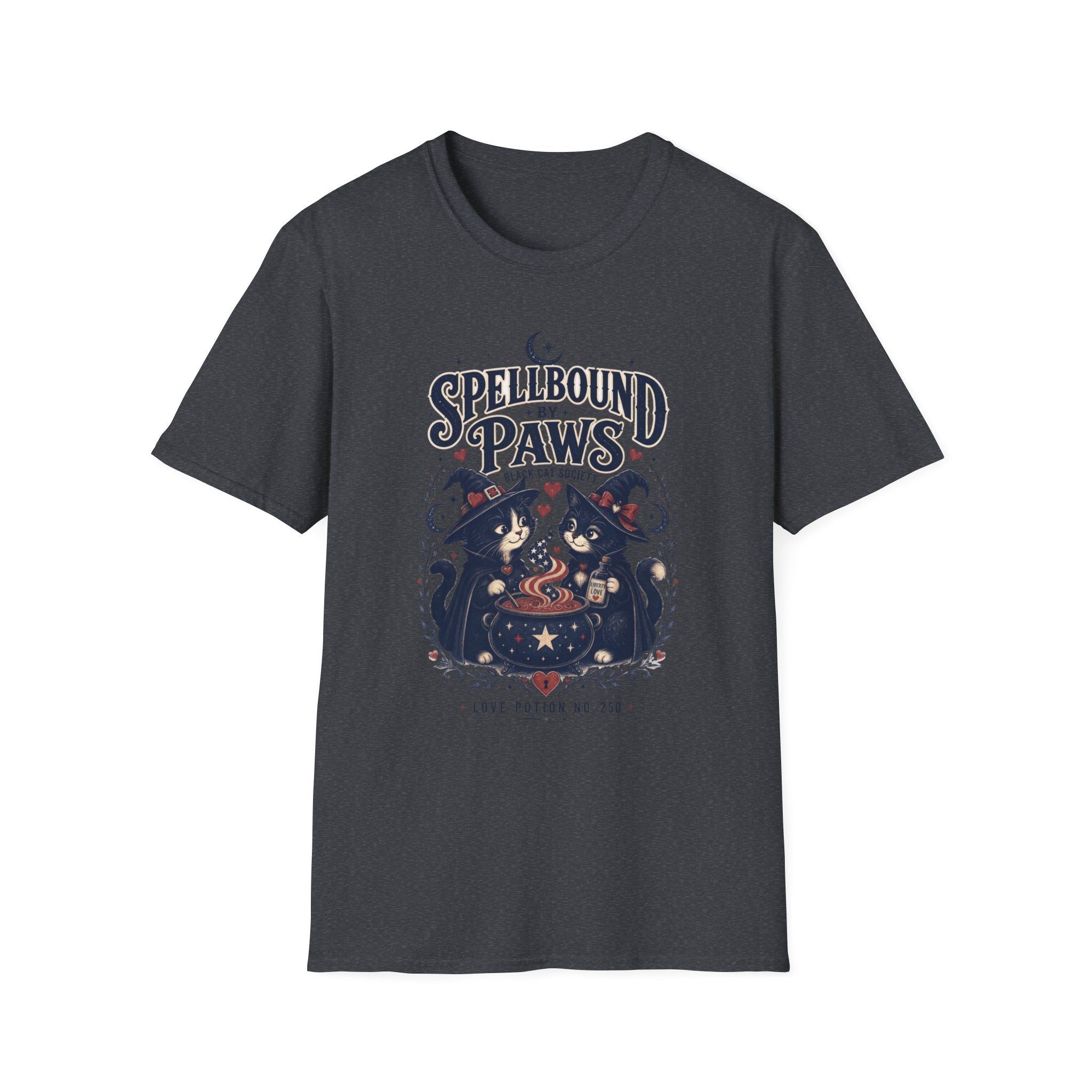 Dark Heather Grey t-shirt, plain back — two black cats in witch hats on the front