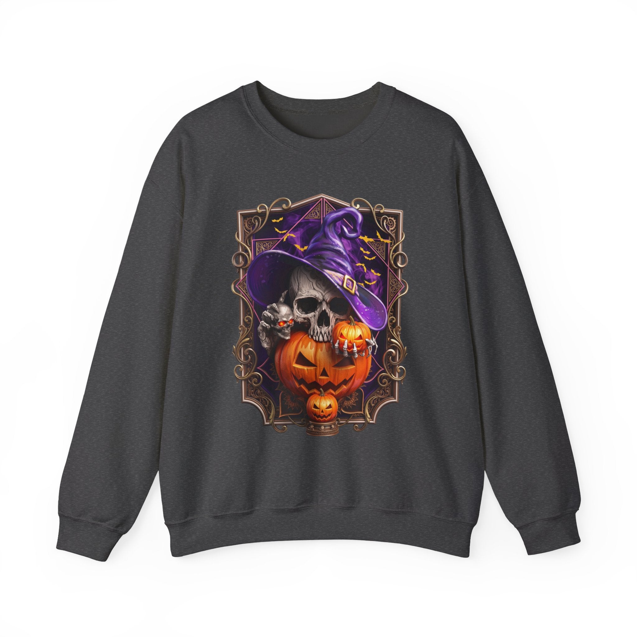 Dark Heather crewneck sweatshirt laid flat, printed with a skull in a slouchy purple witch hat peers out