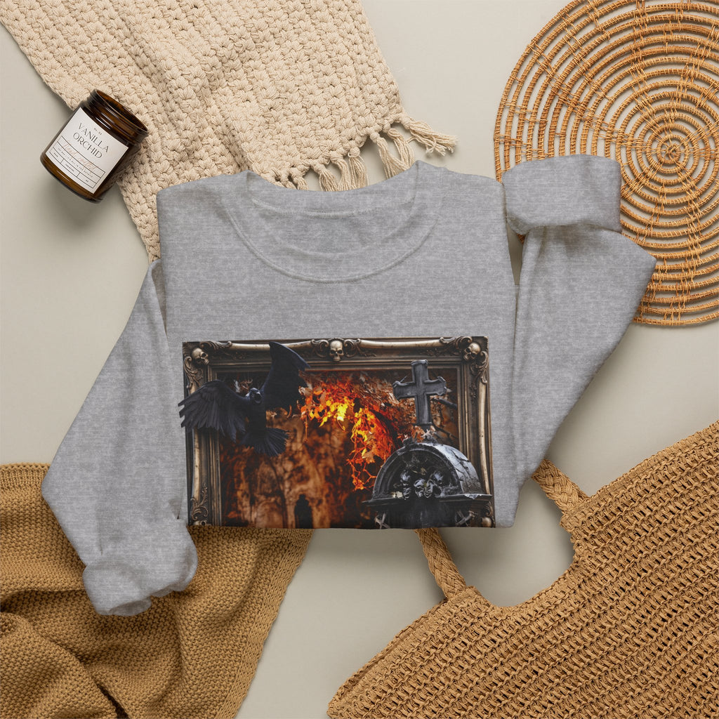 Sport Grey crewneck sweatshirt styled flat with a candle — framed stone tomb scene