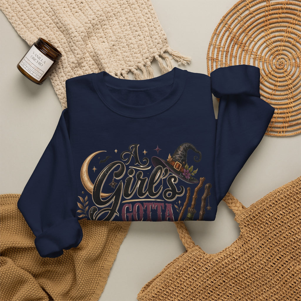 Navy crewneck sweatshirt styled flat with a candle — hand-lettered A Girl's Gotta Have Options