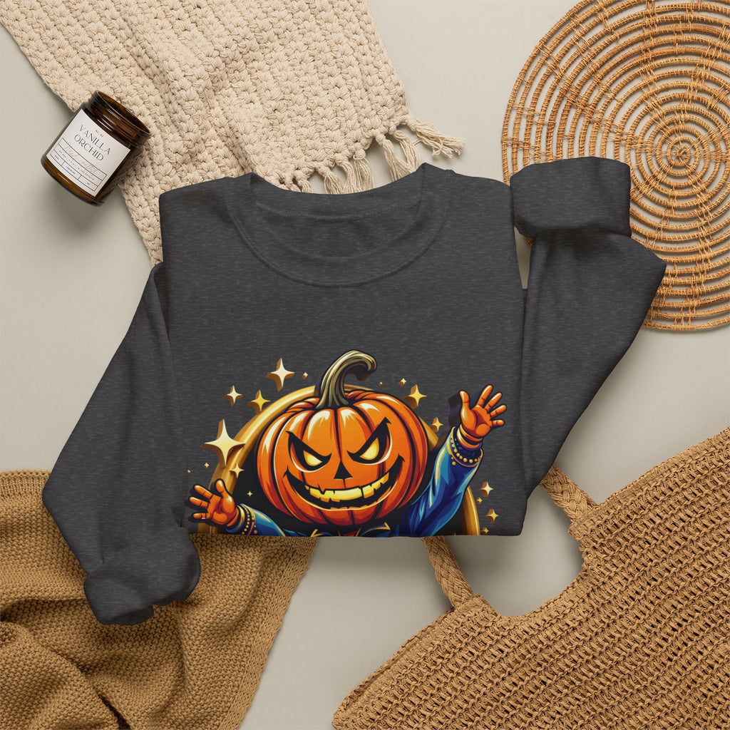 Dark Heather crewneck sweatshirt styled flat with a candle — jack-o-lantern head in a blue jacket