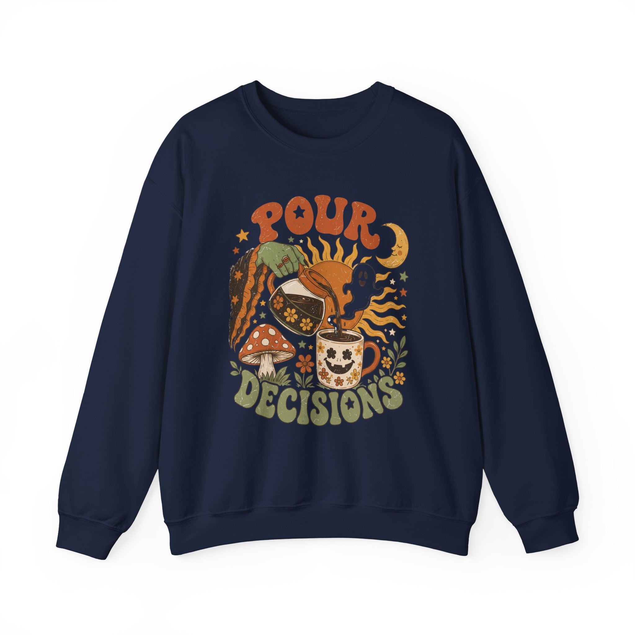 Navy crewneck sweatshirt laid flat, printed with a green witch hand tipping a flower-patterned coffee pot into