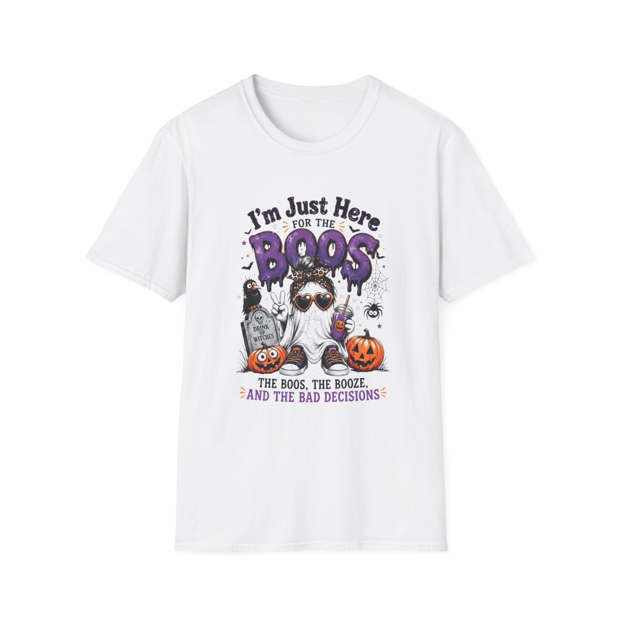 White t-shirt laid flat, printed with a cartoon ghosts in sunglasses stacked over pumpkins