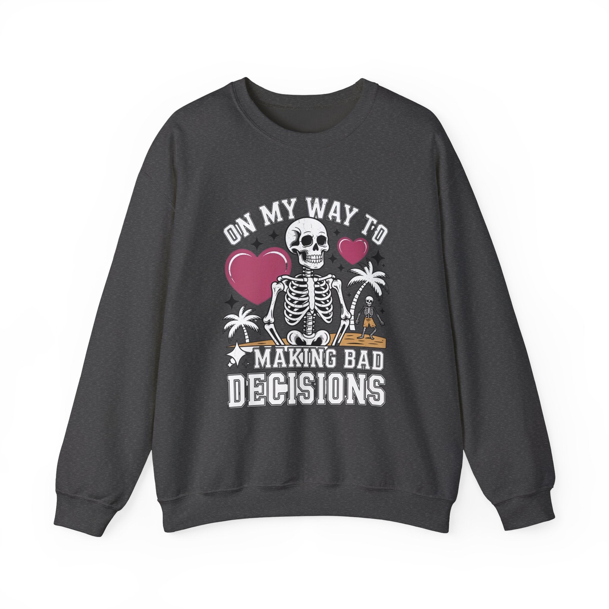 Dark Heather crewneck sweatshirt laid flat, printed with a two line drawn skeletons under pink hearts