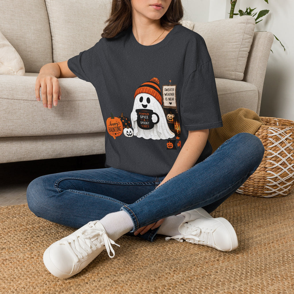Dark Heather Grey t-shirt laid flat, printed with a small ghost in a knitted beanie holding a hand-painted