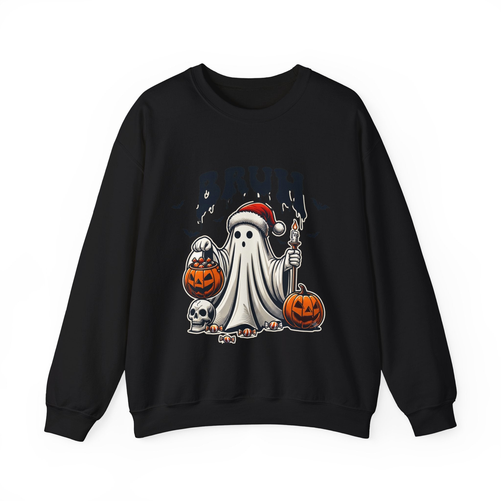 Black crewneck sweatshirt laid flat, printed with a bats above