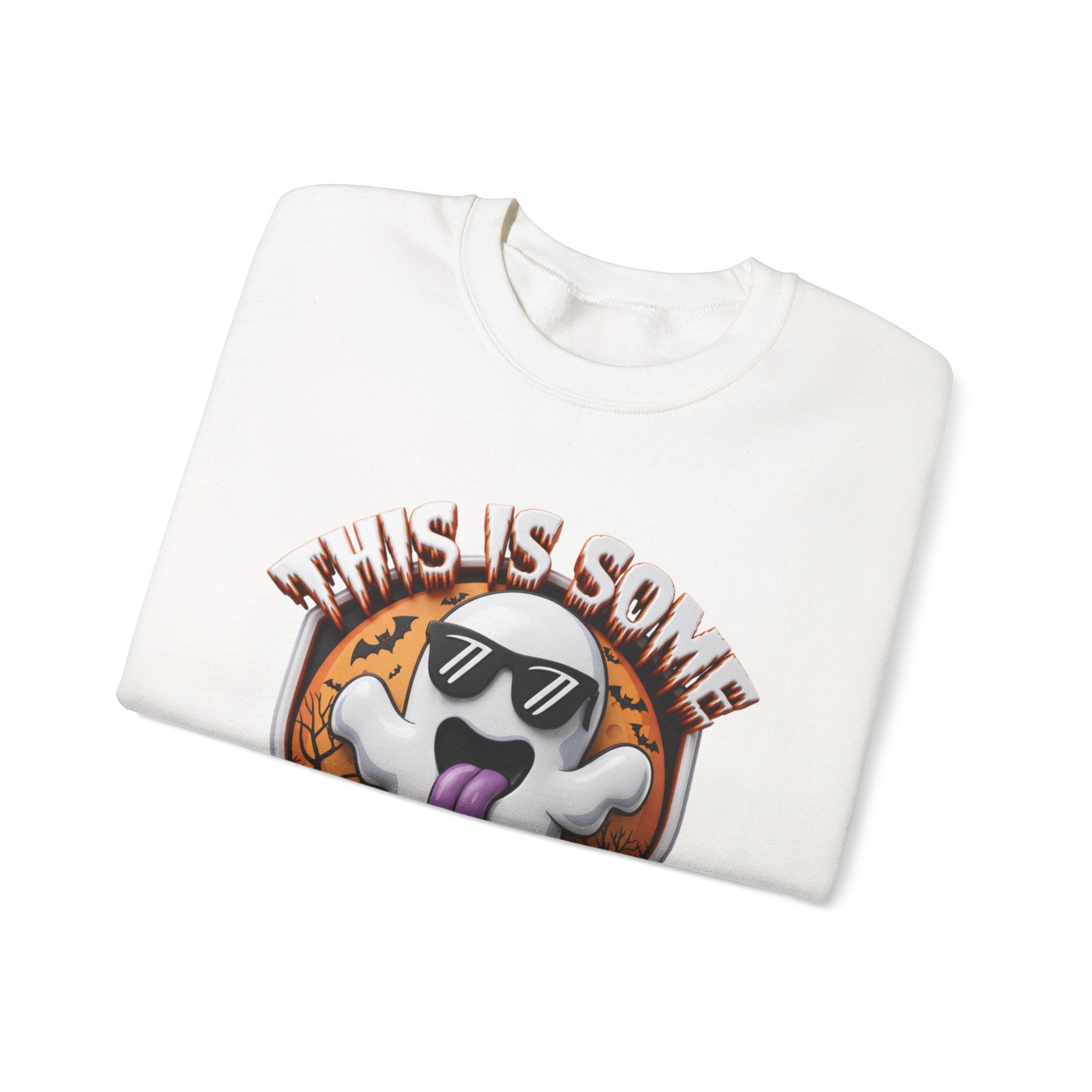 White crewneck sweatshirt folded to show the cartoon ghost in dark sunglasses sticks its purple tongue print