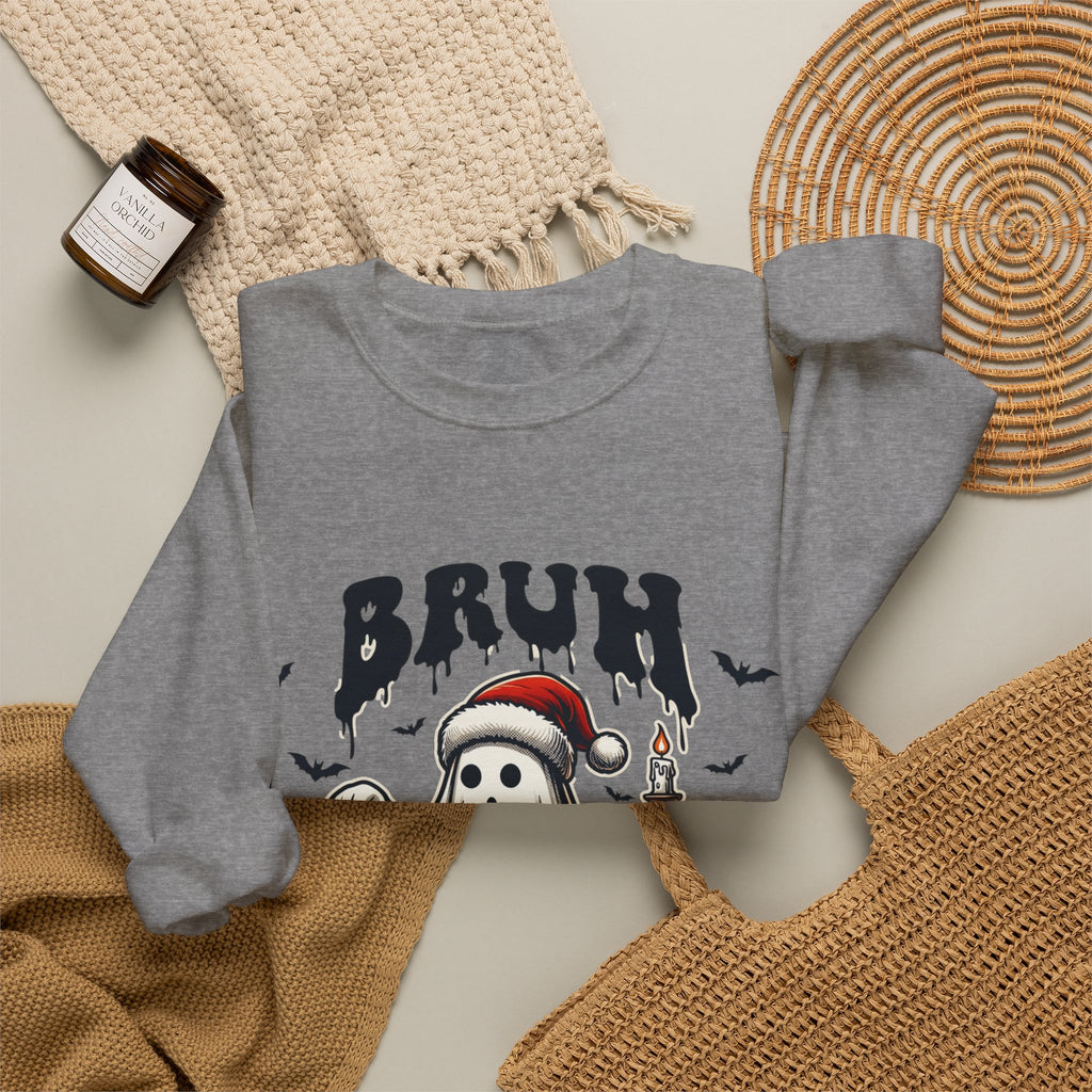 Graphite Heather crewneck sweatshirt styled flat with a candle — ghost in a Santa hat