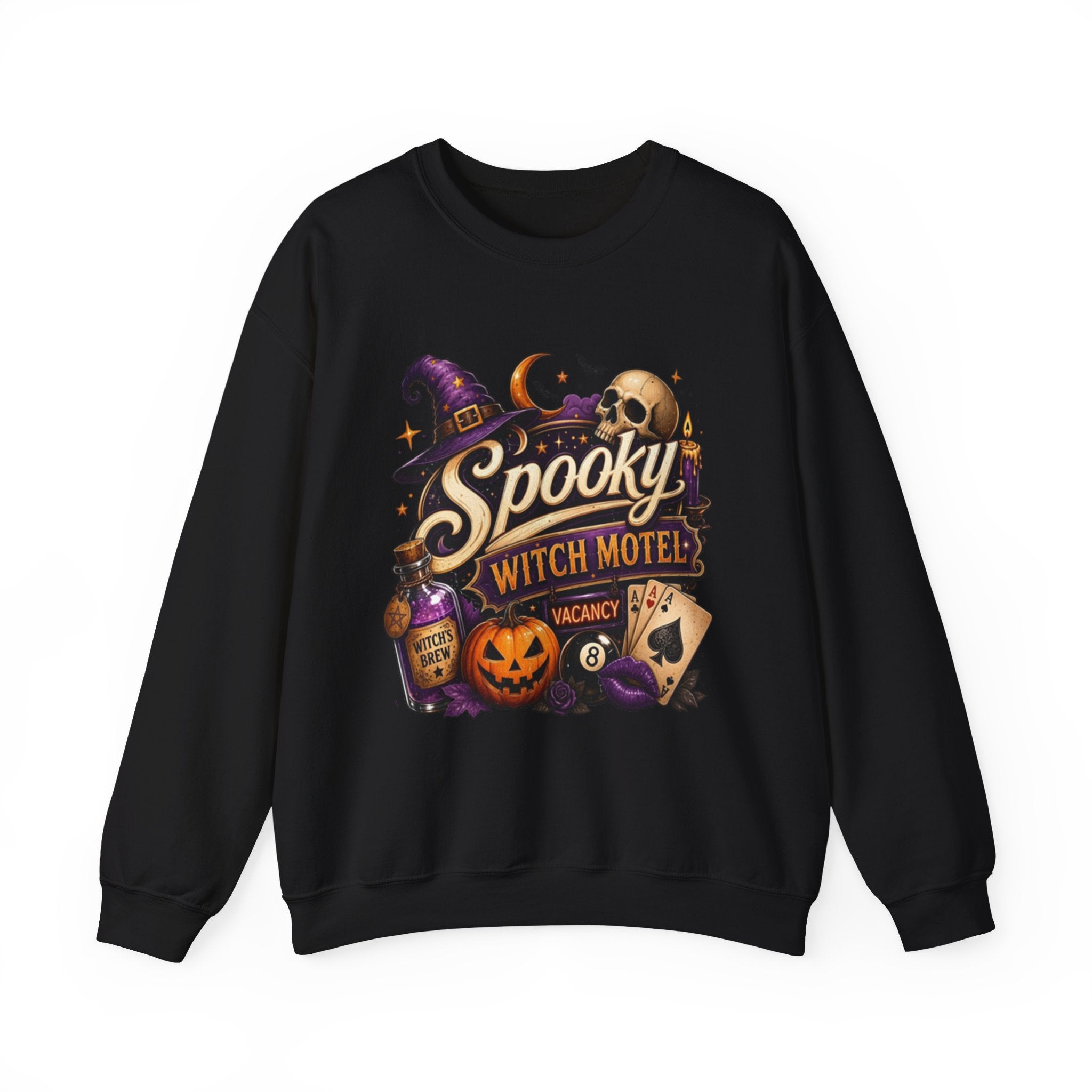 Black crewneck sweatshirt laid flat, printed with a neon vintage motel sign reading spooky witch motel