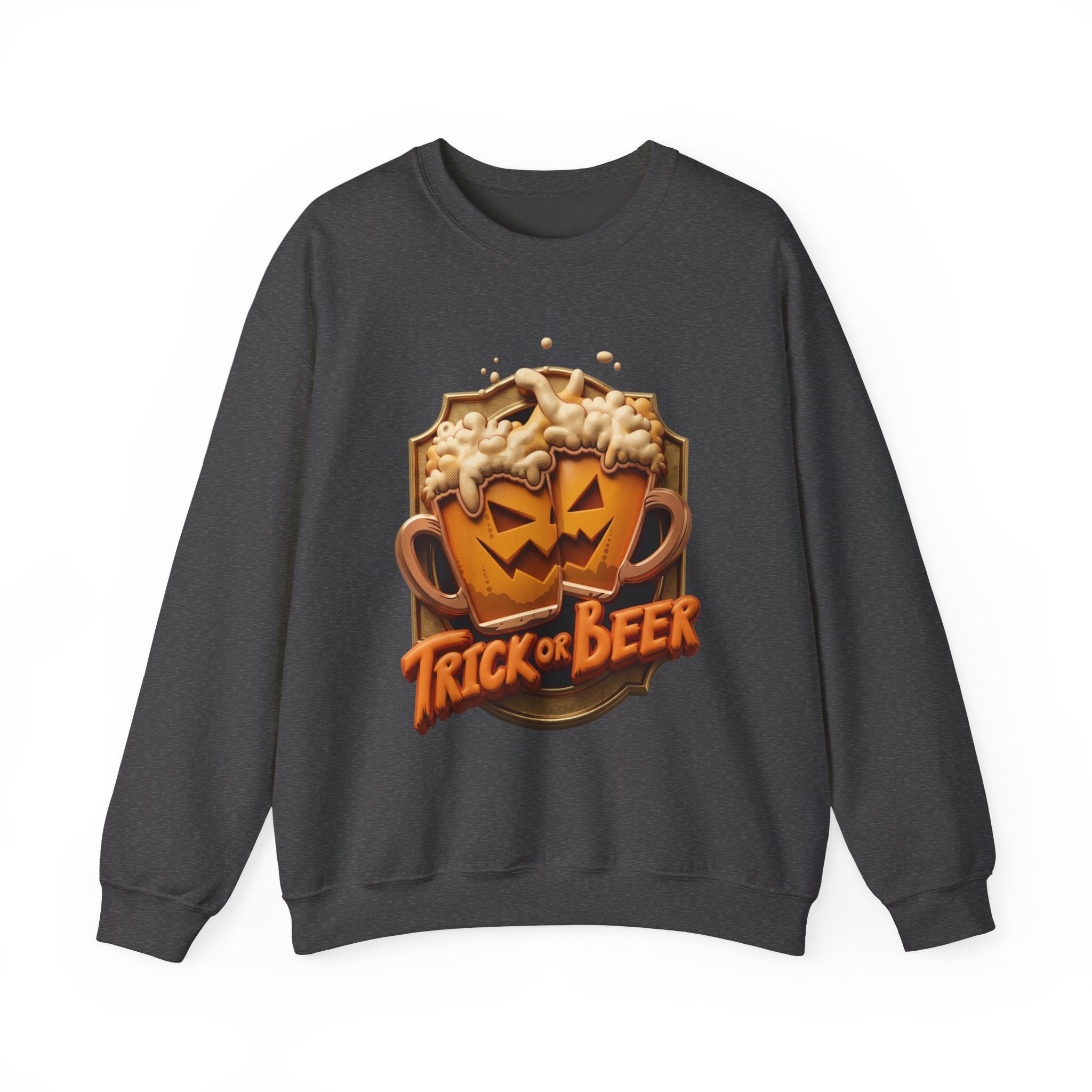 Dark Heather crewneck sweatshirt laid flat, printed with a two frothy beer mugs carved with jack-o-lantern faces clink