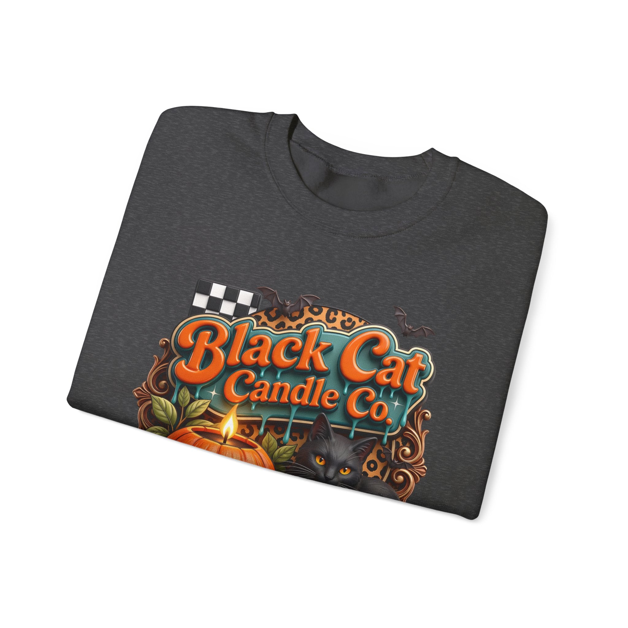 Dark Heather crewneck sweatshirt folded to show the retro teal signboard reads black cat candle co print