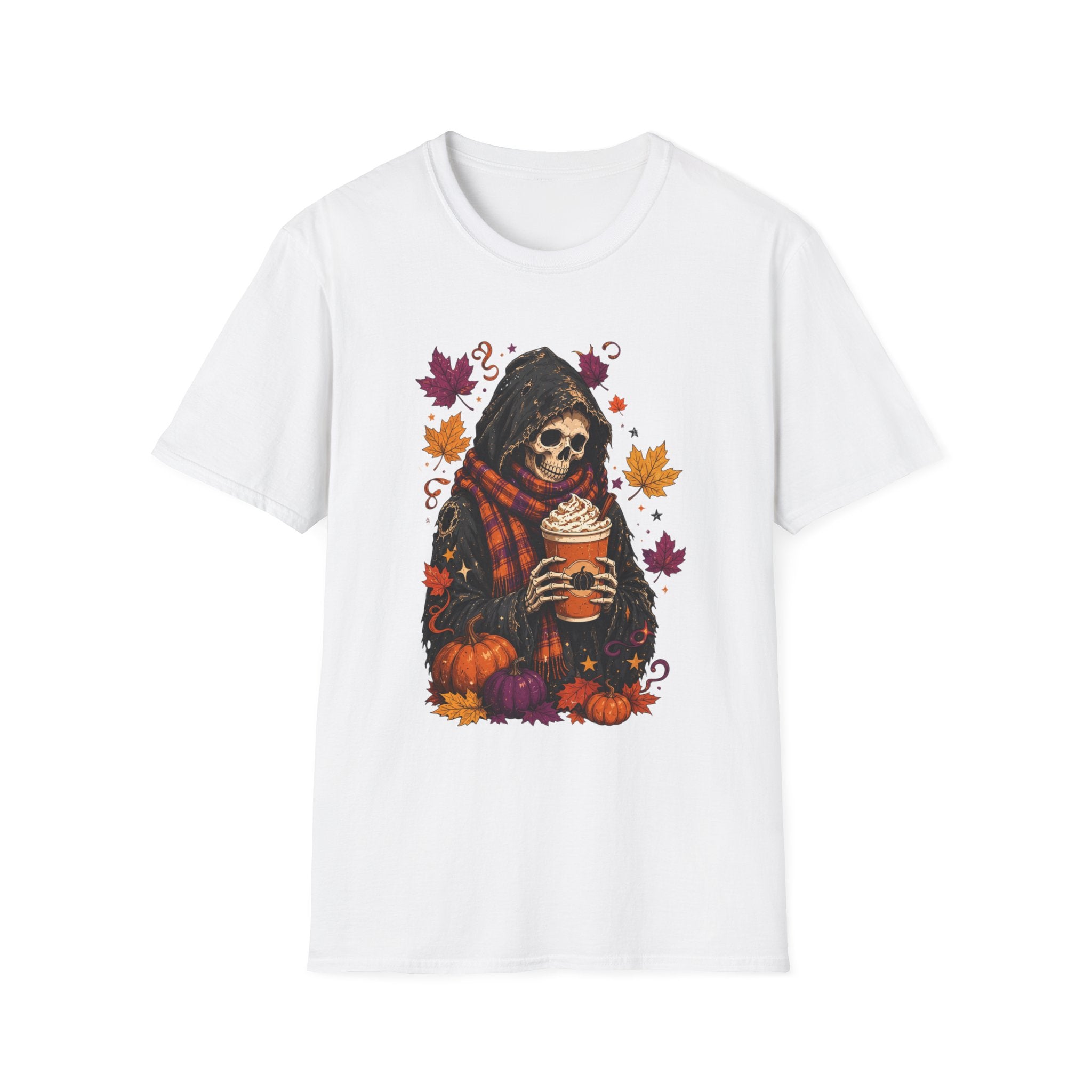 White t-shirt laid flat, printed with a hooded reaper holding a pumpkin spice drink among falling