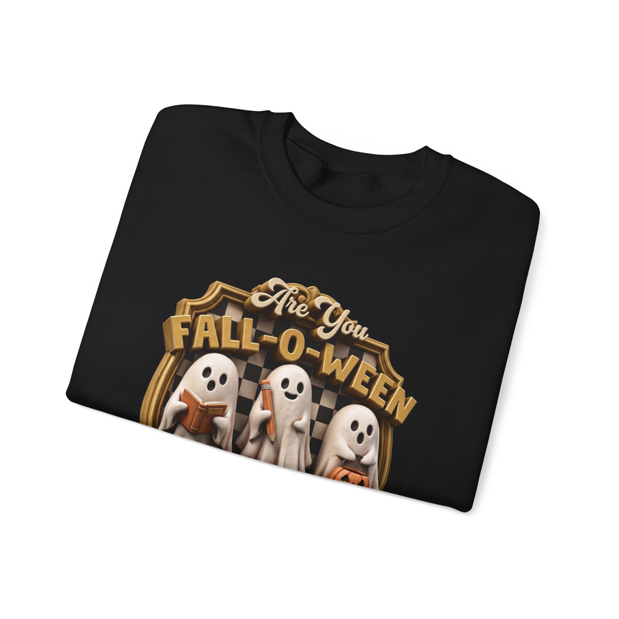 Black crewneck sweatshirt folded to show the three little sheet ghosts read a book and carry print