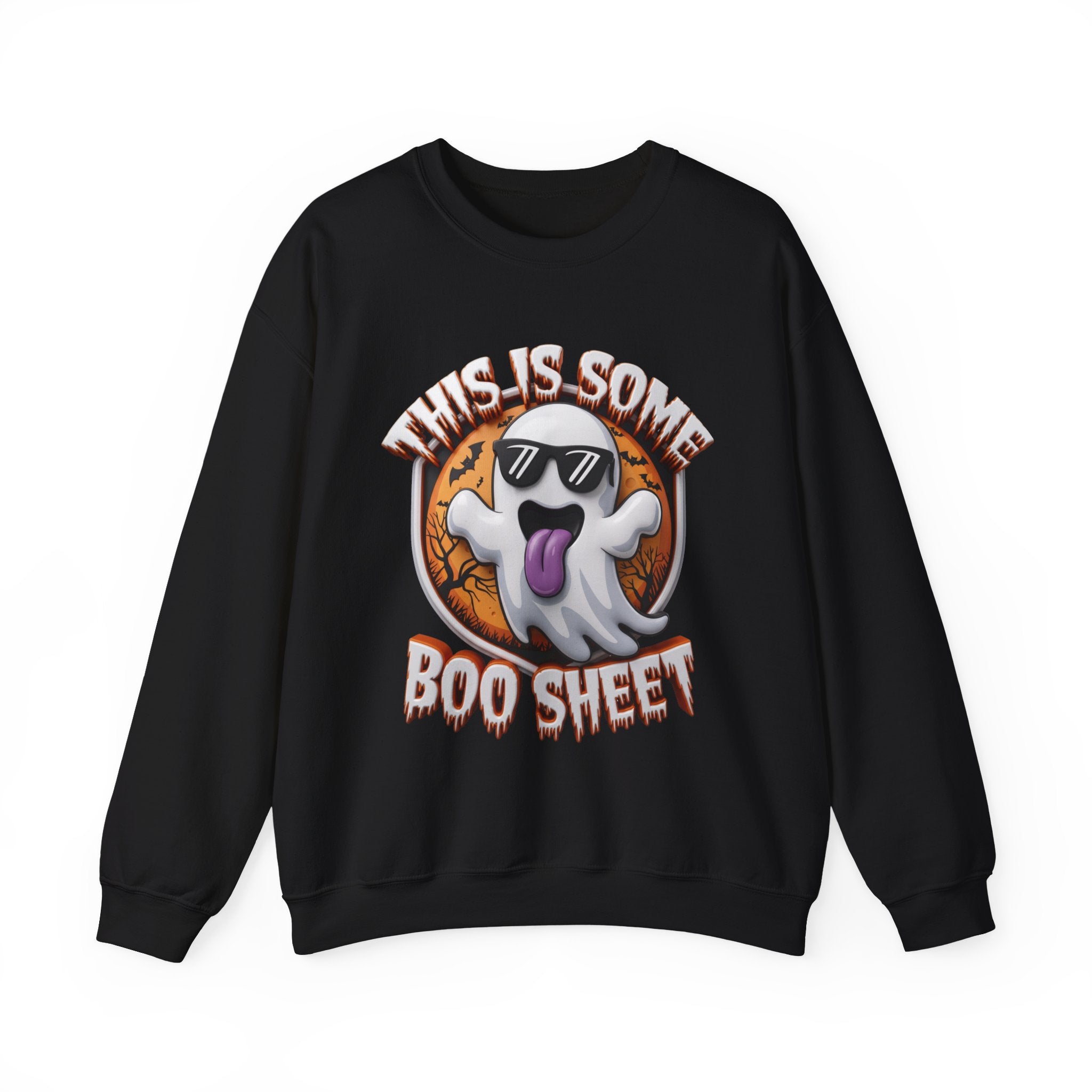 Black crewneck sweatshirt laid flat, printed with a cartoon ghost in dark sunglasses sticks its purple tongue