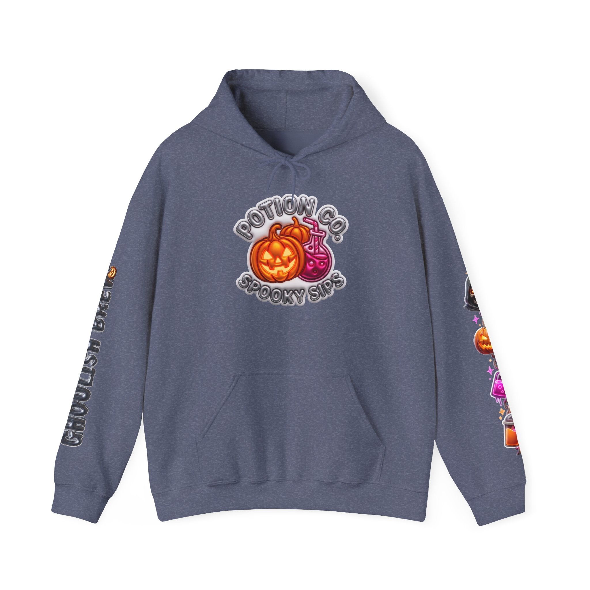 Heather Navy hoodie laid flat, printed with a potion co. halloween graphic of jack-o-lanterns and potion bottles