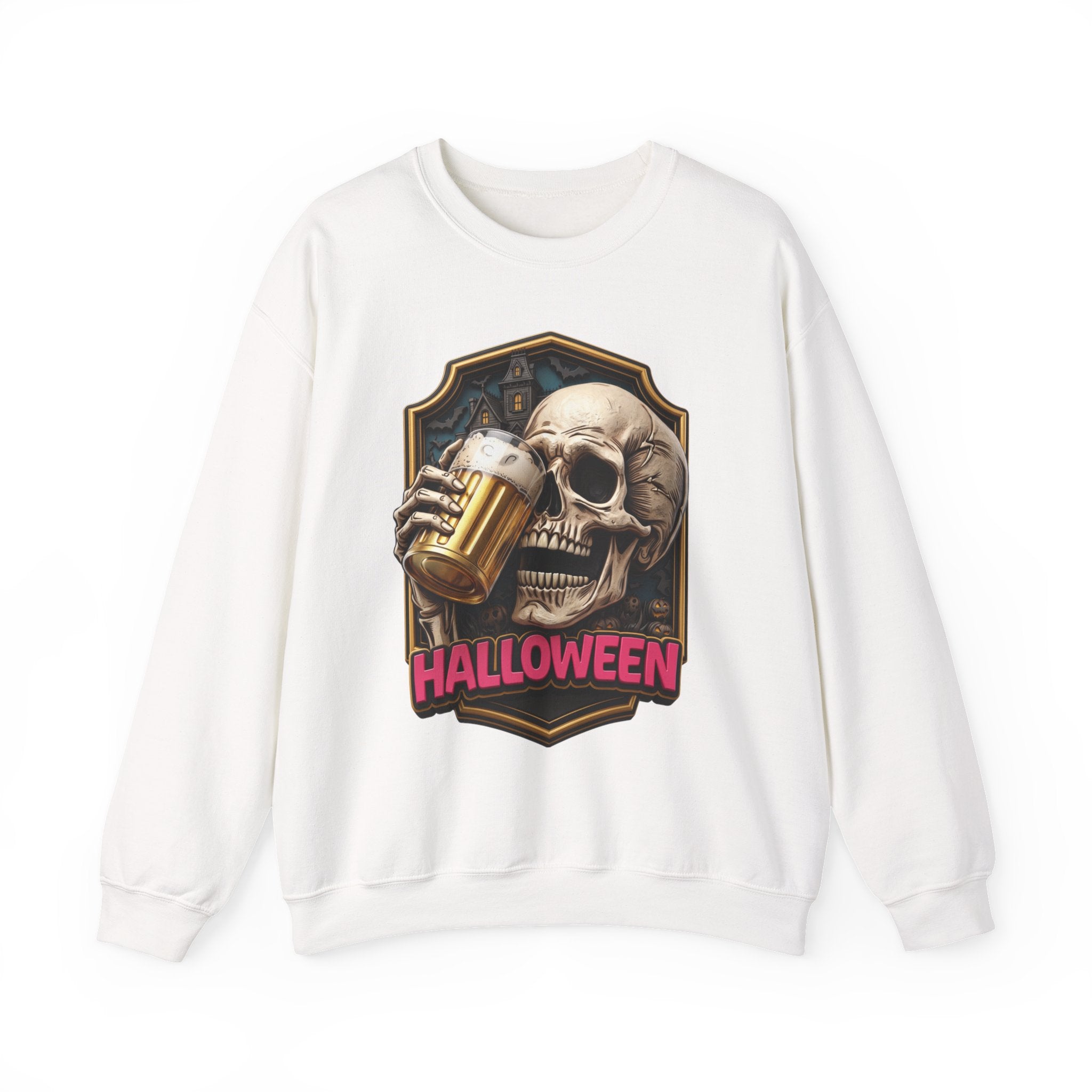 White crewneck sweatshirt laid flat, printed with a cracked skull lifts a frothy beer mug inside