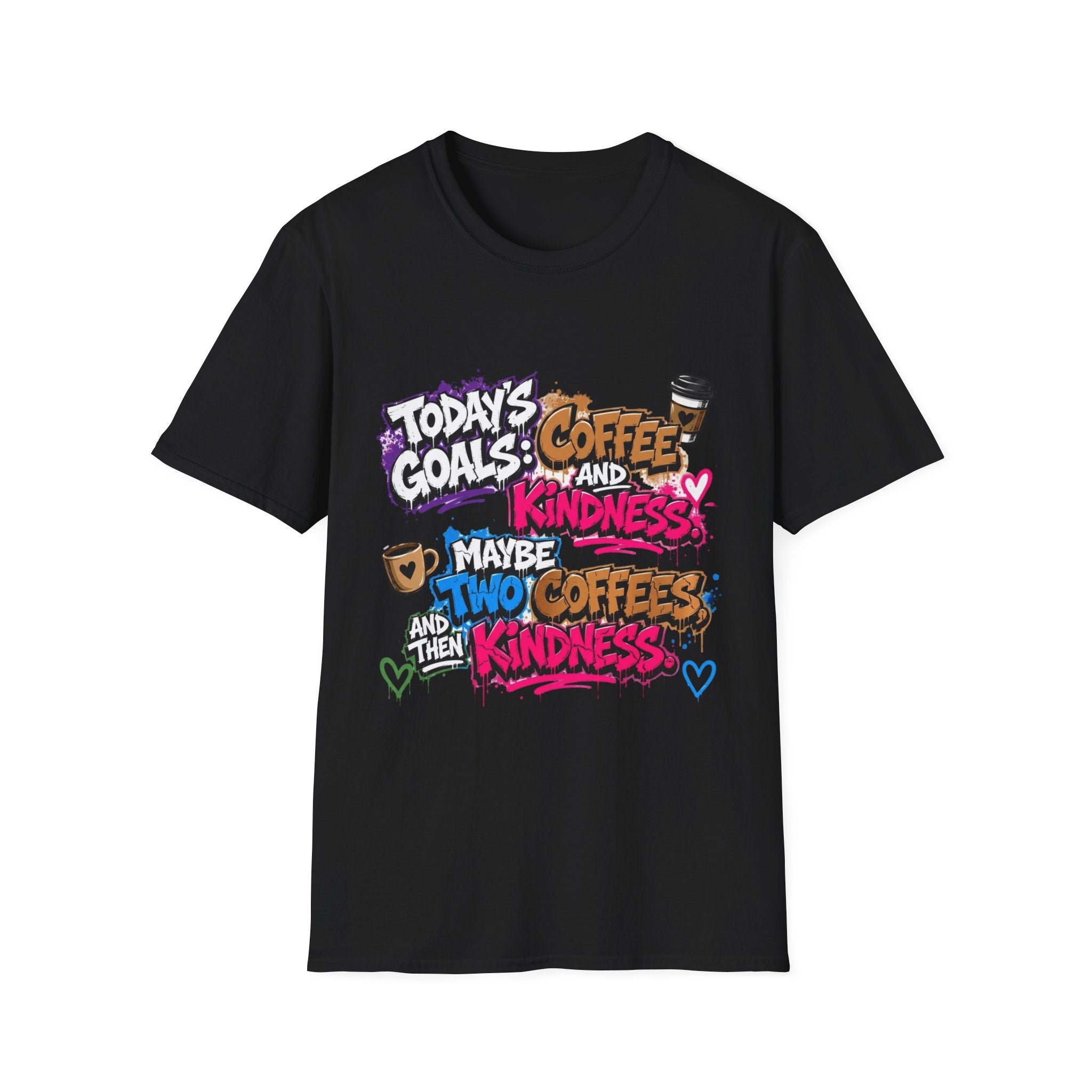 Black t-shirt laid flat, printed with a stacked graffiti lettering in electric pinks