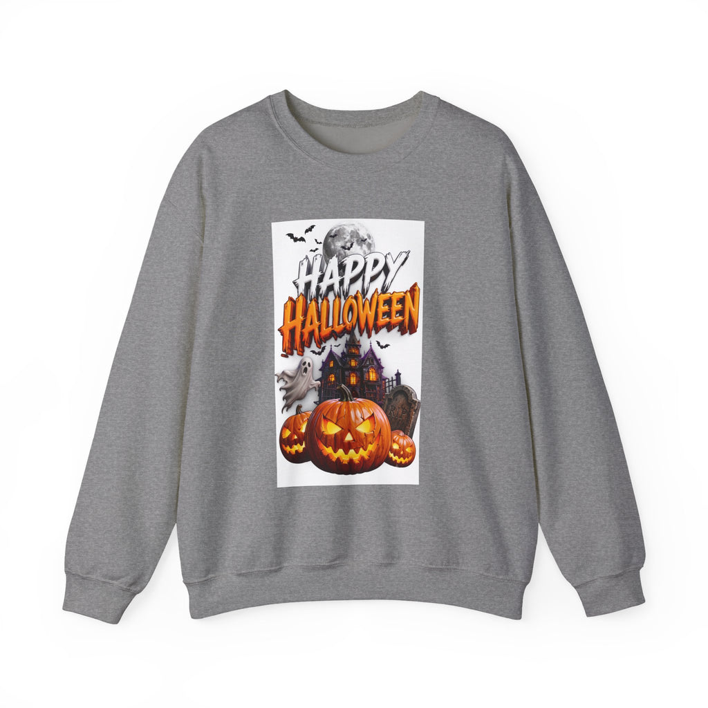 Graphite Heather crewneck sweatshirt laid flat, printed with a haunted house