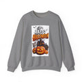 Graphite Heather crewneck sweatshirt laid flat, printed with a haunted house
