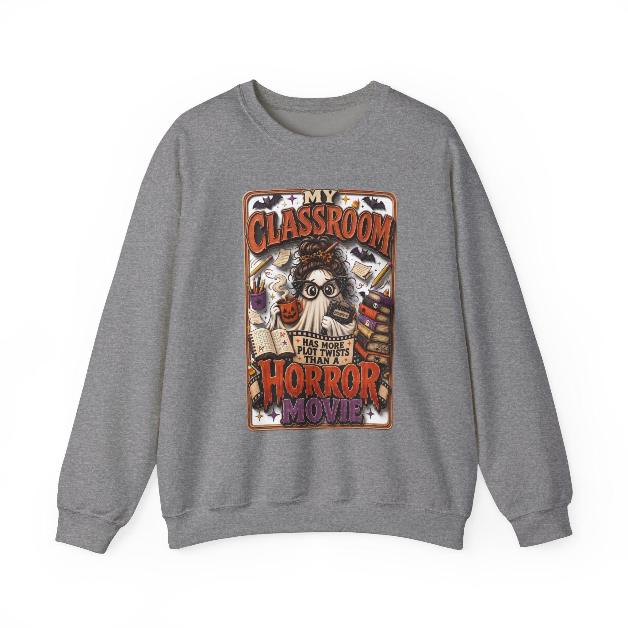 Graphite Heather crewneck sweatshirt laid flat, printed with a bespectacled ghost with a messy bun grades away among