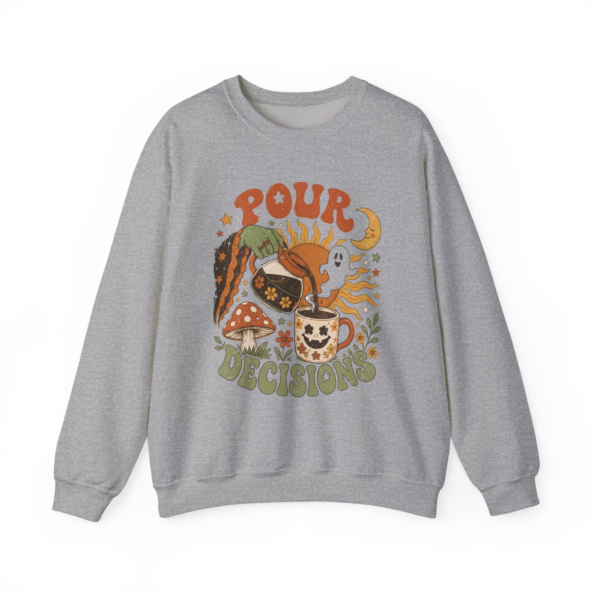 Sport Grey crewneck sweatshirt laid flat, printed with a green witch hand tipping a flower-patterned coffee pot into