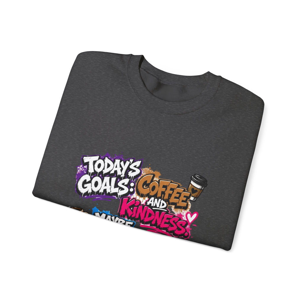 Dark Heather crewneck sweatshirt folded to show the stacked graffiti lettering in electric pinks print