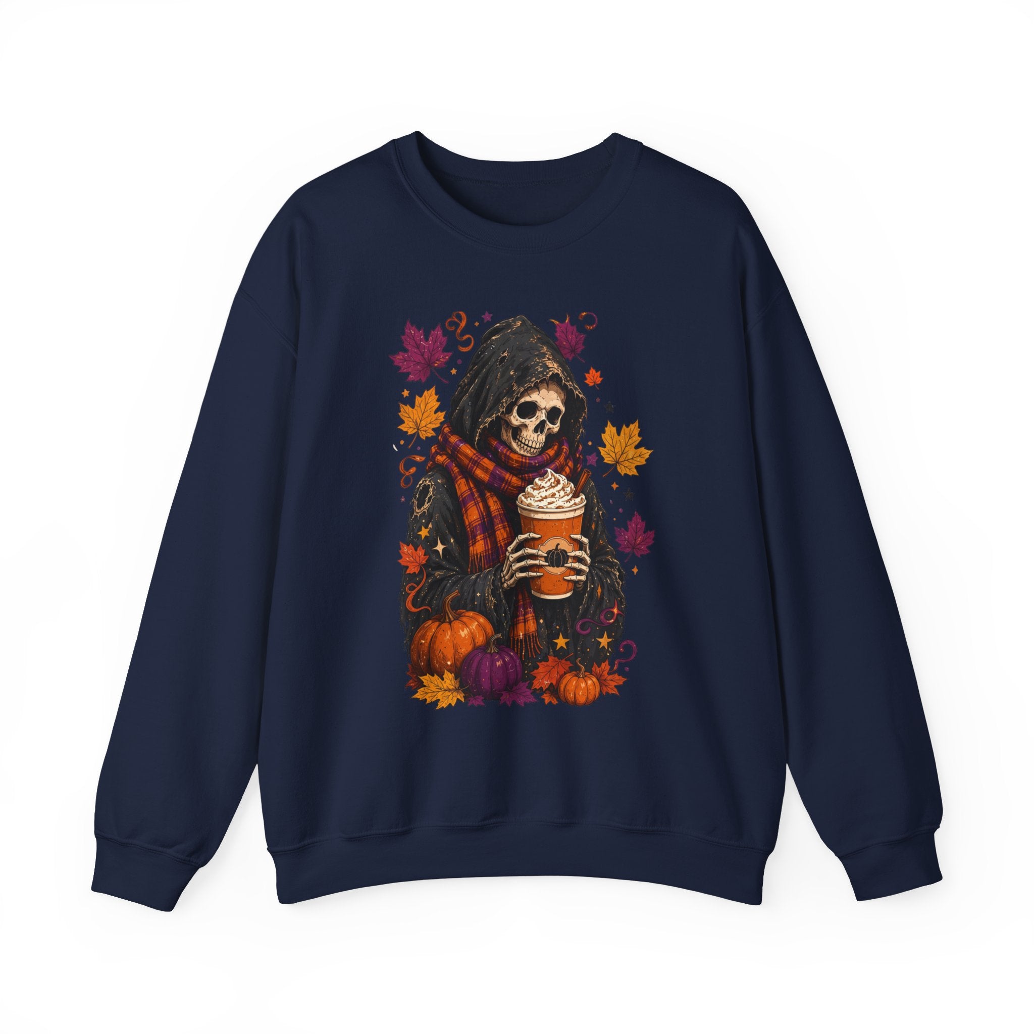 Navy crewneck sweatshirt laid flat, printed with a hooded skeleton holding a pumpkin spice drink
