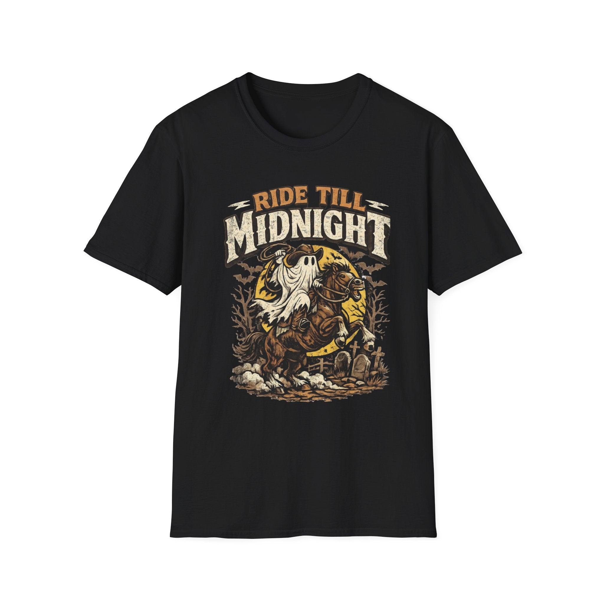 Black t-shirt laid flat, printed with a sheet ghost in a wide-brim hat rides a rearing