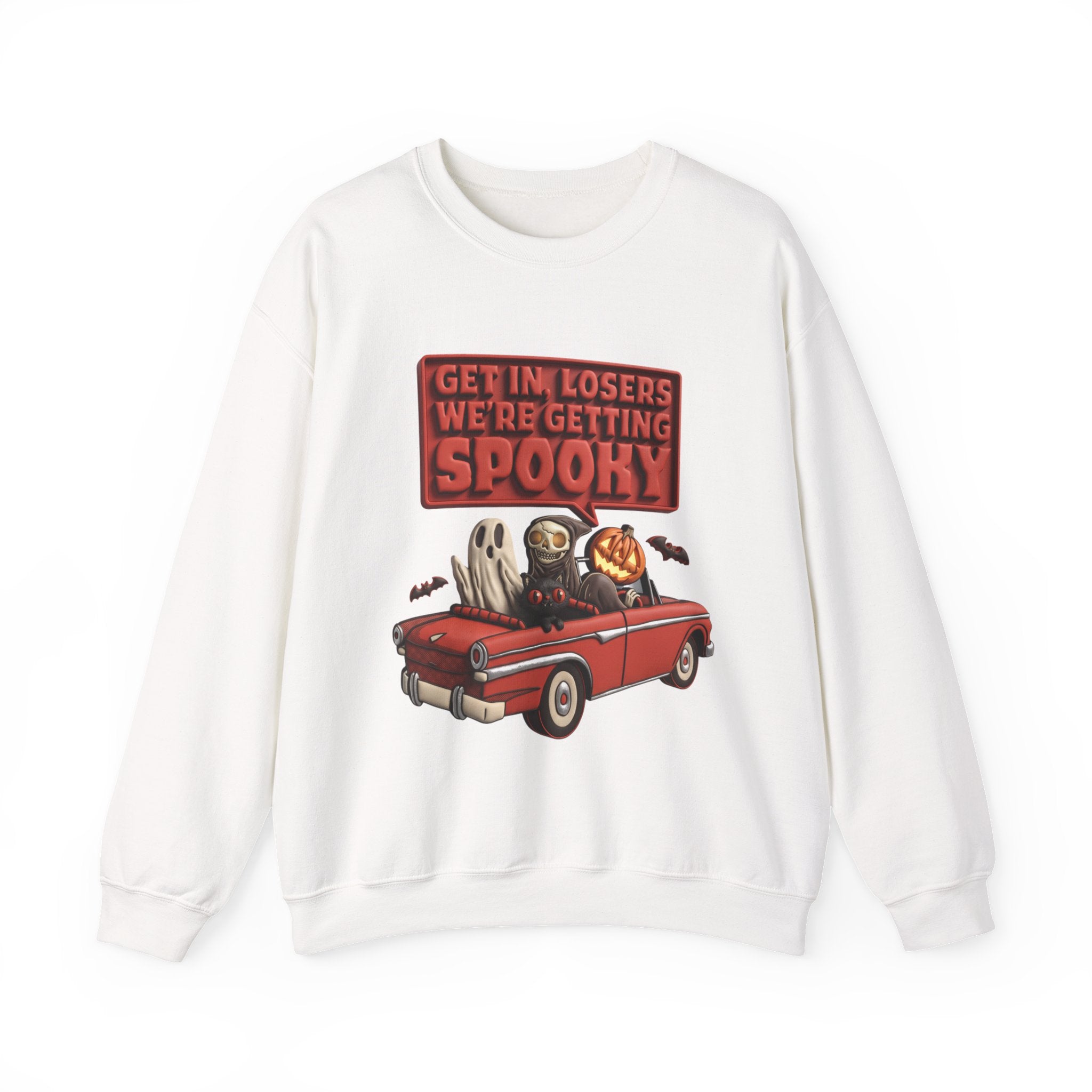 White crewneck sweatshirt laid flat, printed with a ghost