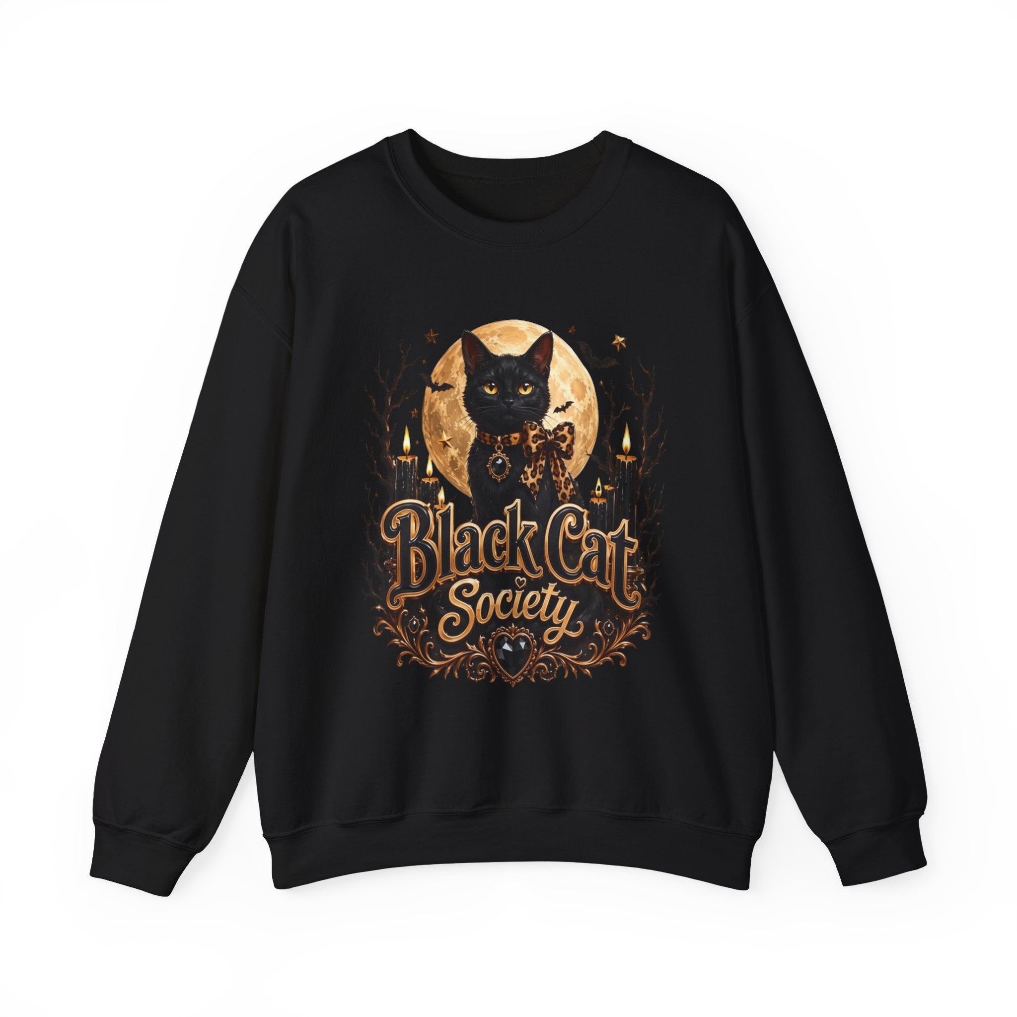 Black crewneck sweatshirt laid flat, printed with a black cat sits before a glowing full moon