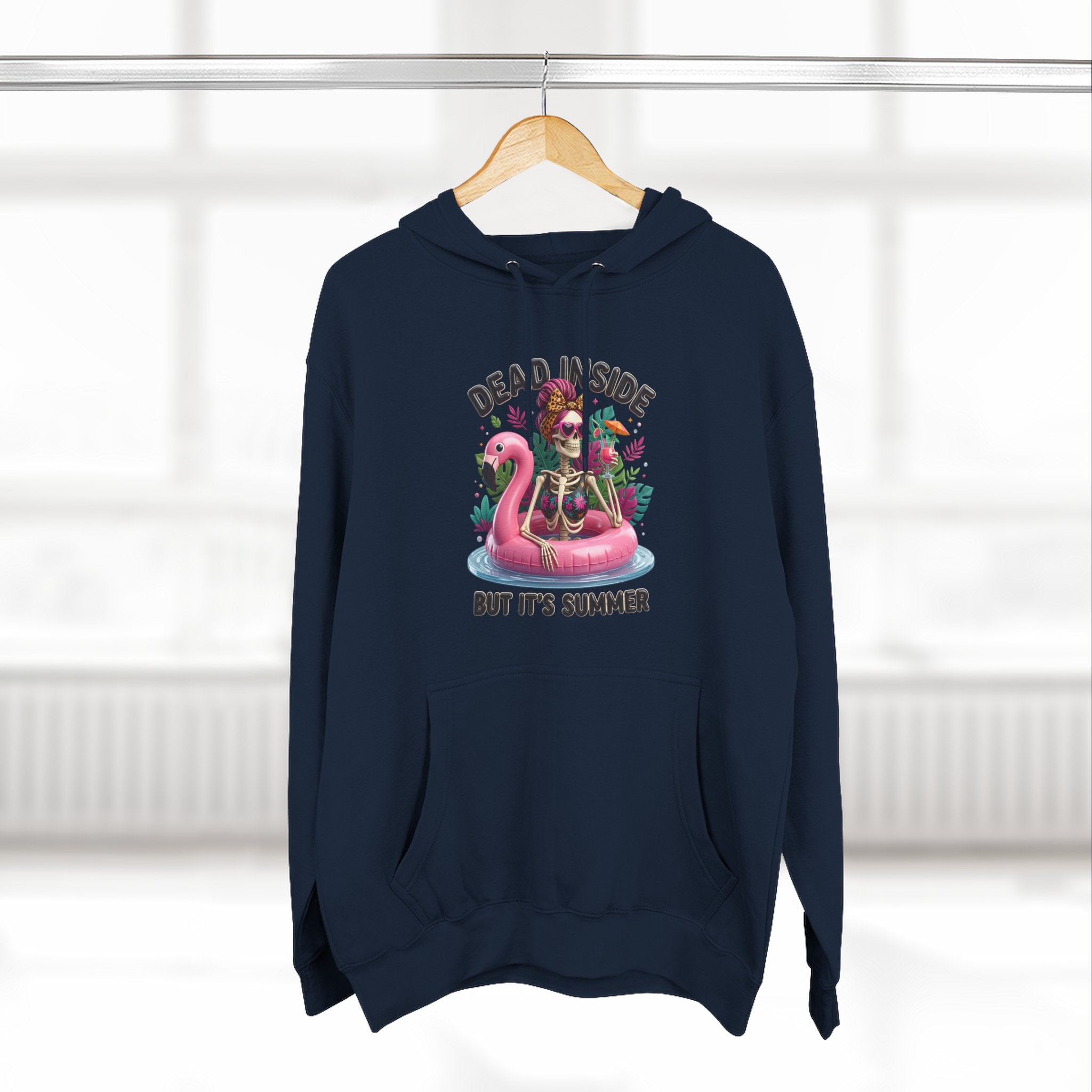 Navy hoodie styled flat with a candle — retro pink skeleton