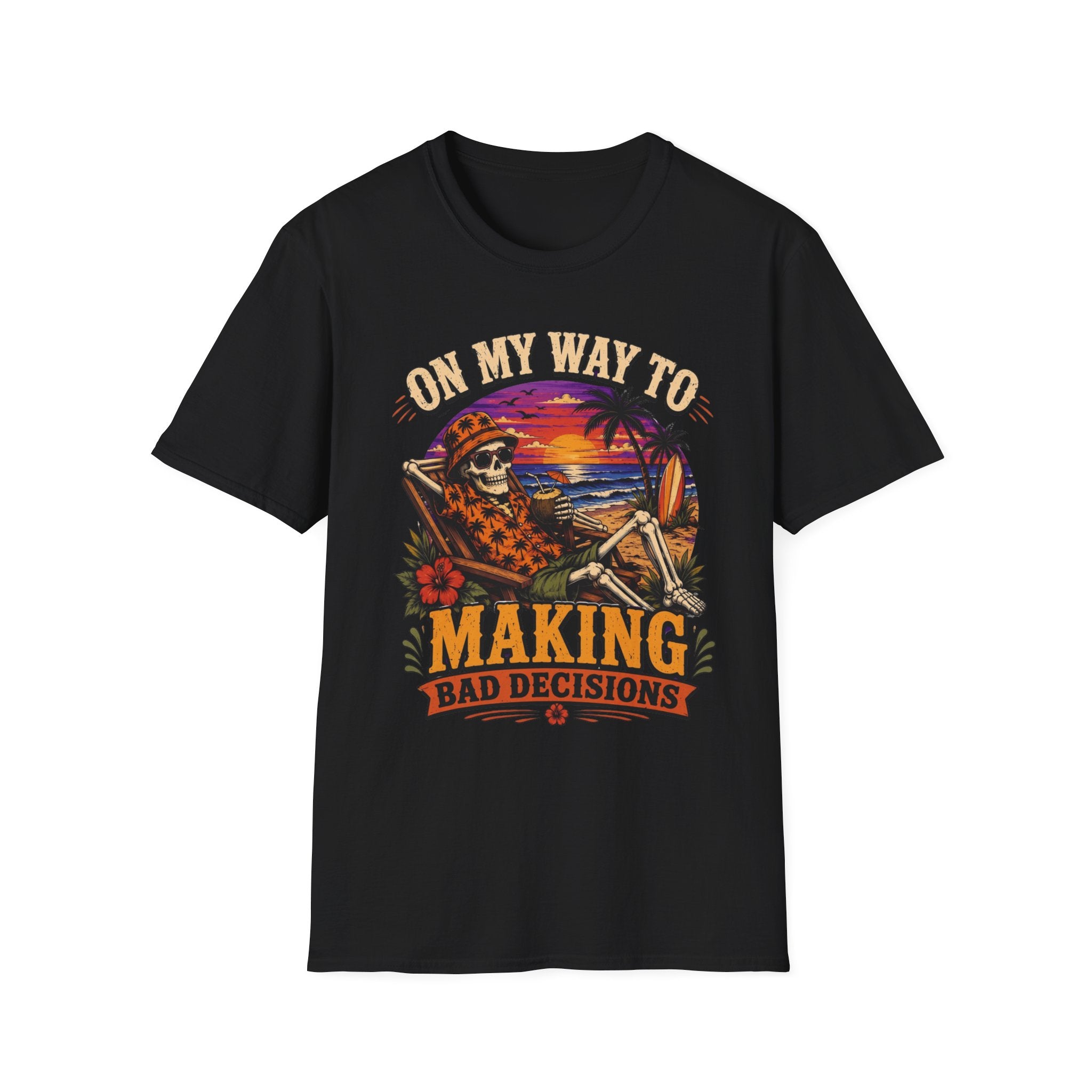 Black t-shirt laid flat, printed with a skeleton lounging on a beach beneath a tropical sunset