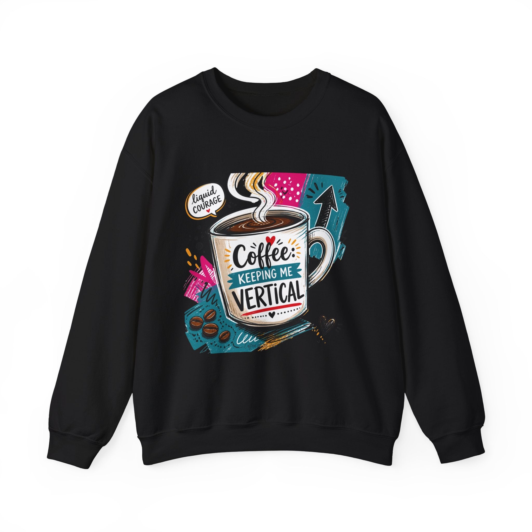 Black crewneck sweatshirt laid flat, printed with a striped coffee mug in a retro paper collage reading