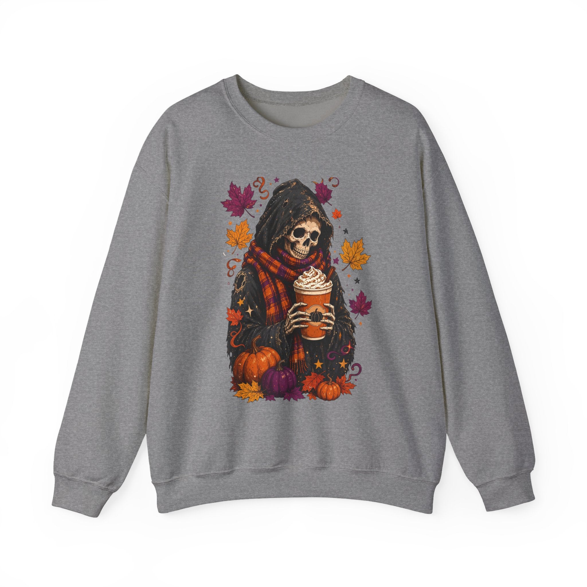 Graphite Heather crewneck sweatshirt laid flat, printed with a hooded skeleton holding a pumpkin spice drink