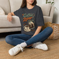 Dark Heather Grey t-shirt laid flat, printed with a retro coffee pot and steaming cup under the words